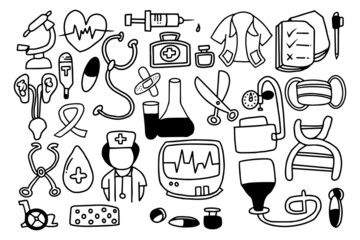 Sticker - hospital medical equipment doodle style design concept