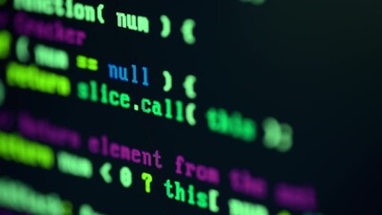 Close up of monitor screen with developing programming and coding technologies. Programmer or hacker is typing code on keyboard. Concept of bitcoin btc mining and development in virtual cyber space