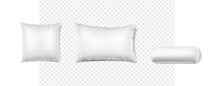 3d Realistic Vector Icon Set. Pillow Mockup In Front View. Design Element For Spa, Brands And Salons. Square, Rectangular And Bolster Pillow.