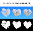 Set of three 3d realistic fluffy cloud heart shapes isolated on blue sky. Romantic white transparent heart shaped clouds. 