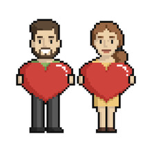 Pixel Art Set Of Couple Of Man And Woman With Hearts On A White Background.