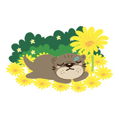 Wall Mural - Cute Otter sleeping on flower field.