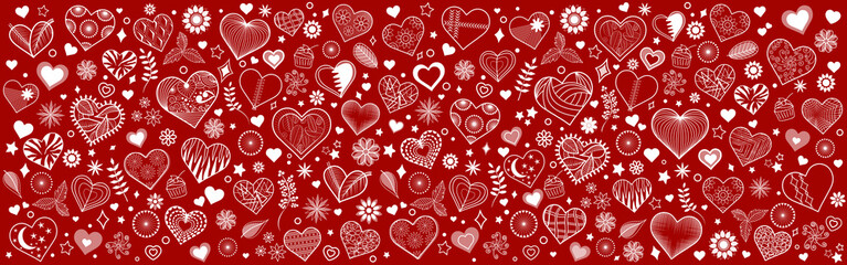 Valentine's hearts doodle banner. Vector horizontal red background with hearts. Modern hand-drawn design. Graphic resource with different group elements. Headers, posters, cards, websites vector. 