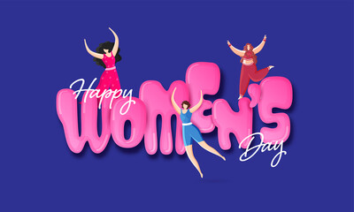 Happy Women's Day Font With Cheerful Cartoon Young Girls On Blue Background.