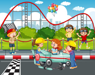 Sticker - Outdoor scene with children racing car