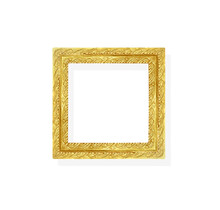 Old Brass Yellow Gold Picture Frame With Engraving Patterns Isolated On White Background , Clipping Path