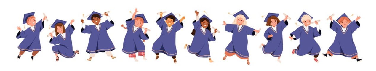 Kids graduating from kindergarten set. Happy elementary school children with diplomas in graduation gowns and caps. Little schoolkids. Flat graphic vector illustration isolated on white background