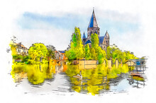 Temple Neuf, A Protestant Church In Metz, France, Watercolor Sketch Illustration.