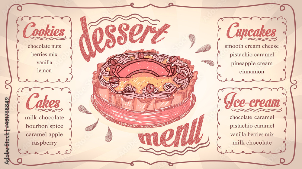 Dessert menu list template with cupcakes, cakes, ice-cream and cookies lettering