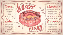 Dessert Menu List Template With Cupcakes, Cakes, Ice-cream And Cookies Lettering