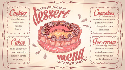 Wall Mural - Dessert menu list template with cupcakes, cakes, ice-cream and cookies lettering