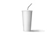 © Leyla - Blank white disposable cup with straw mock up isolated, 3d rendering. Empty paper soda drinking mug mockup with lid and tube front view. Clear soft drink cola take away plastic package.