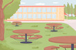 © IMG visuals characte - School yard flat color vector illustration. Outdoor campus space with tables and benches. Cafeteria outside for students. College 2D cartoon exterior with educational building on background