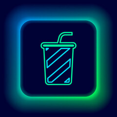 Sticker - Glowing neon line Glass with water icon isolated on black background. Soda drink glass with drinking straw. Fresh cold beverage symbol. Colorful outline concept. Vector