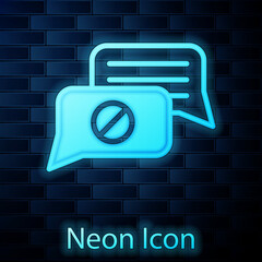 Poster - Glowing neon Speech bubble chat icon isolated on brick wall background. Message icon. Communication or comment chat symbol. Vector