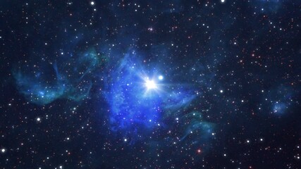 flying through bright blue stars and nebula in space. exploration of the galaxy through outer space 