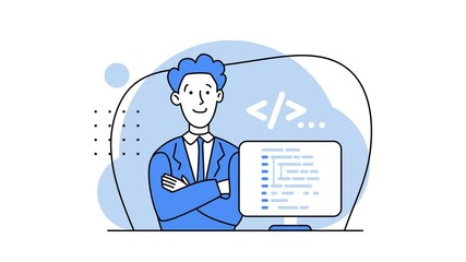 Wall Mural - the happy programmer has succeeded. сoncept of script coding, programming. programmer working on web