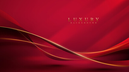 Wall Mural - golden curve line on red luxury background with glitter light effects decoration.