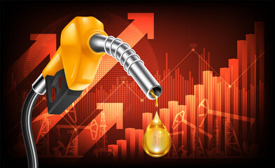 Wall Mural - Oil price rising concept Gasoline yellow fuel pump nozzle isolated with drop oil on red growth bar chart background, vector illustration