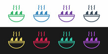 Set Line Soup With Shrimps Icon Isolated On Black And White Background. Tom Yum Kung Soup. Vector.
