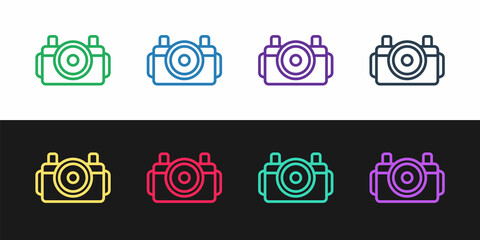 Sticker - Set line Photo camera for diver icon isolated on black and white background. Foto camera icon. Diving underwater equipment. Vector