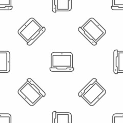 Sticker - Grey line Laptop icon isolated seamless pattern on white background. Computer notebook with empty screen sign. Vector