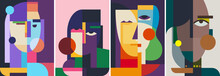 Collection Of Abstract Portraits. Poster Designs In Flat Style.
