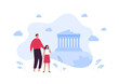 Sightseeing tourism and famous places travel concept. Vector flat people illustration. Male father with girl child. Abstract greek acropolis temple building symbol.