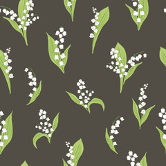 Lilies of the valley on dark background hand drawn vector seamless pattern. Vintage Romantic Spring Garden Bloom background. Liberty inspired retro floral print for fashion fabric, home textile