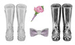 Set of watercolor wedding bride and groom accessories: wellies boots, boutonniere, wedding bow tie