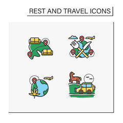 Wall Mural - Types of rest and tourism color icons set.Food tour, safari, couchsurfing, recreational drug. Adventures, recreation and pleasure. Tourism types concept. Isolated vector illustrations