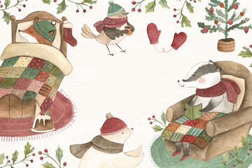 Christmas woodland animals watercolor illustration