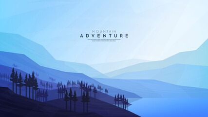 Wall Mural - Peaceful landscape. Vector illustration. Minimalist style. Monotone blue colors. Wallpaper in the natural concept. Silhouettes of the mountains near forest trees. Slopes, relief. Woods near water