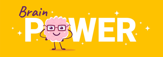 Vector concept illustration of happy pink brain character in glasses and word brain power on yellow color background. Flat doodle style knowledge creative design of happy human brain character