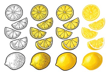 Wall Mural - Lemon slice and whole. Vector color vintage engraving and flat