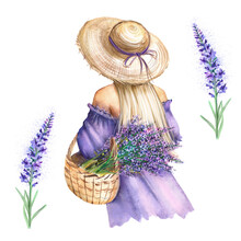 Watercolor Composition With A Girl In A Purple Dress With A Basket Of Lavender Flowers, Lavender, Provence, Floral Decor, Lilac Flowers