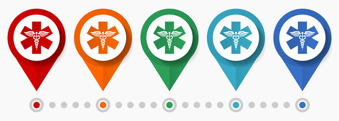 Fototapete - Emergency, hospital concept vector icon set, flat design pointers, infographic template