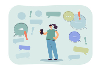 Wall Mural - girl with smartphone in center surrounded by speech bubbles and exclamation marks. woman communicati