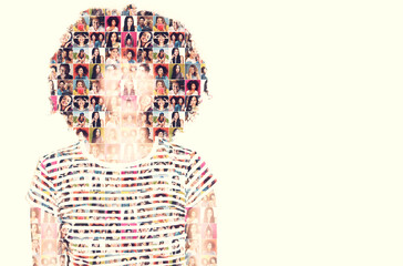 Aufkleber - Faces of fun. Composite image of a diverse group of people superimposed on a woman's face.