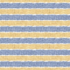 Seamless French country kitchen stripe fabric pattern print. Blue yellow white horizontal striped background. Batik dye provence style rustic woven cottagecore textile. 