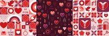 Set Of Seamless Geometric Patterns With Holiday Symbols Of Valentines Day And Abstract Shapes. Memphis And Bauhaus Style.