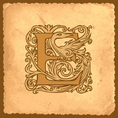 Wall Mural - Beautiful initial letter A with Baroque ornamentation on an old paper background in vintage style. Filigree capital letter A suitable for monogram, logo, emblem, greeting card or invitation