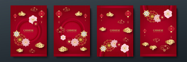 Red and gold happy chinese new year festival banner background design. Chinese china red and gold background with lantern, flower, tree, symbol, and pattern. Red and gold papercut chinese template