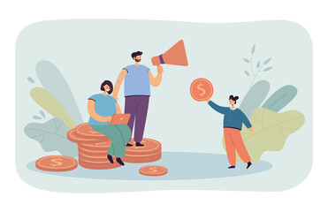 Cartoon family with gold coins planning budget together. Father holding megaphone, mother with laptop, daughter flat vector illustration. Family, budget, finances concept for banner or landing page