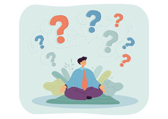 Canvas Print - office worker sitting in lotus position and question marks. man in suit meditating with closed eyes 