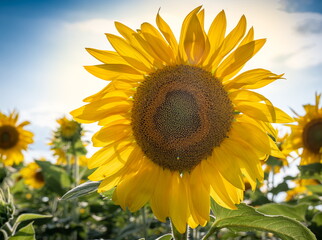 Wall Mural - Beautiful sunflower on a sunny day in the field with a natural background. Selective focus