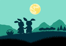 Happy Easter Greeting Card With Rabbits And Easter Eggs On Silhouette Background