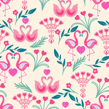 Tropical Birds And Hearts Vector Seamless Pattern