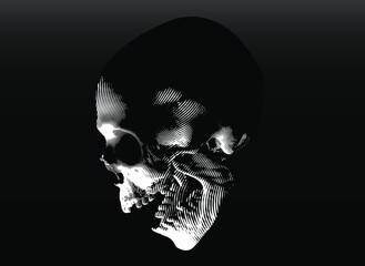 Dramatic wavy line halftone screaming skull from 3D rendering on black background. Black and white vector illustration.