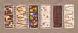 A set of various muesli bars with different fillings, on a beige background. Useful snack on the road for schoolchildren and athletes. Vector illustration of food in cartoon style. Isolated clipart.